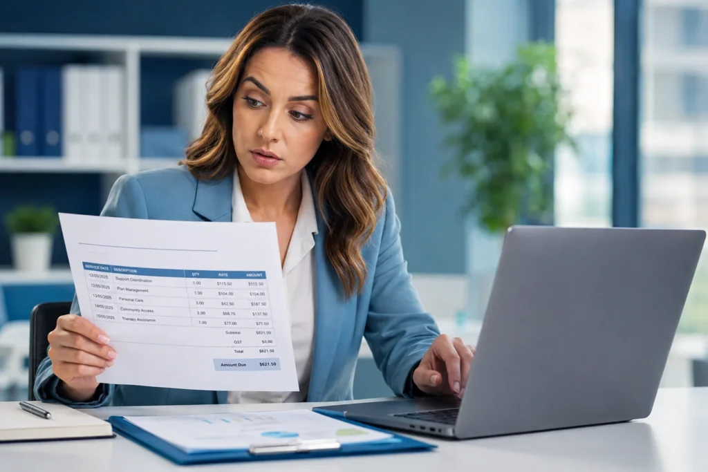 NDIS plan manager reviewing an NDIS invoice on a computer beside printed billing documents