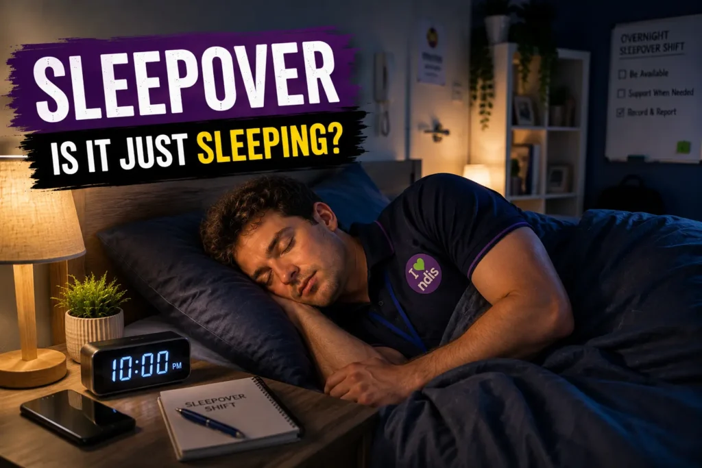 Support worker reviewing an overnight sleepover roster and timesheet at a desk