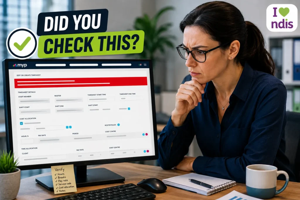 NDIS administrator checking a support worker's timesheet against roster and service records on a computer
