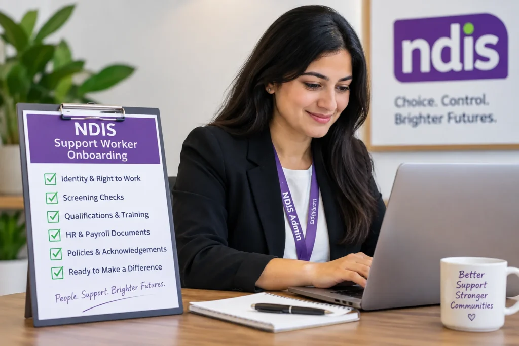 NDIS admin reviewing a support worker onboarding checklist and required documents