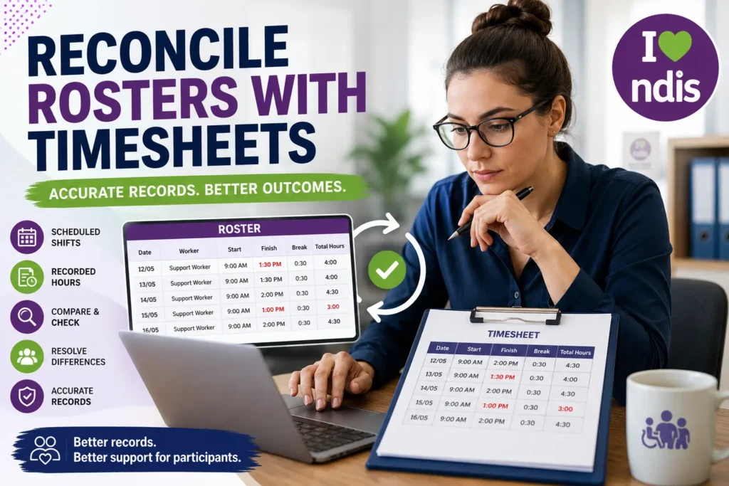 NDIS administrator comparing a support worker timesheet with a roster on a laptop